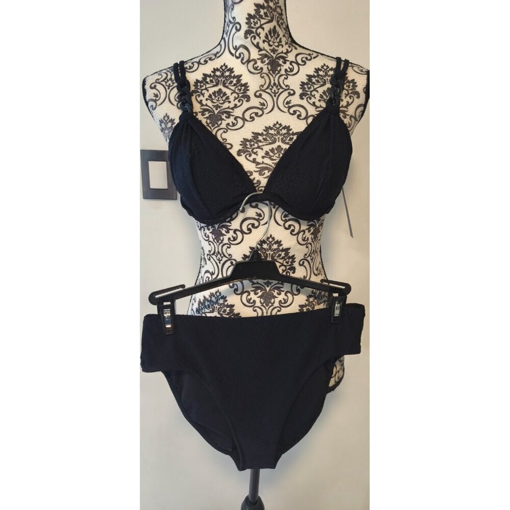 Robin Piccone Black Textured Camo Bikini Set Chain Strap Underwire M